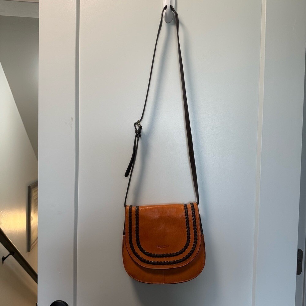 Tignanello Orange Leather Flap Front Saddle Bag Crossbody Accordion Style‎ Purse - Picture 4 of 12